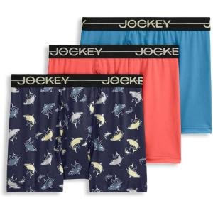 imageJockey Boys Underwear Microfiber Stretch Boxer Brief  3 PackBlue ChambrayYellow SharksTropical Coral