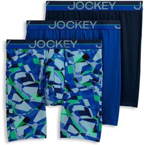 imageJockey Mens Underwear Infinite Cool Microfiber Stretch 8quot Long Leg Boxer Brief  3 PackOpaque Geo BluesBluest BlueTrue Navy