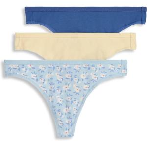 imageJockey Womens Underwear Organic Cotton Stretch Logo Thong  3 PackBright Blue BloomsTrue BlueLemon Fizz