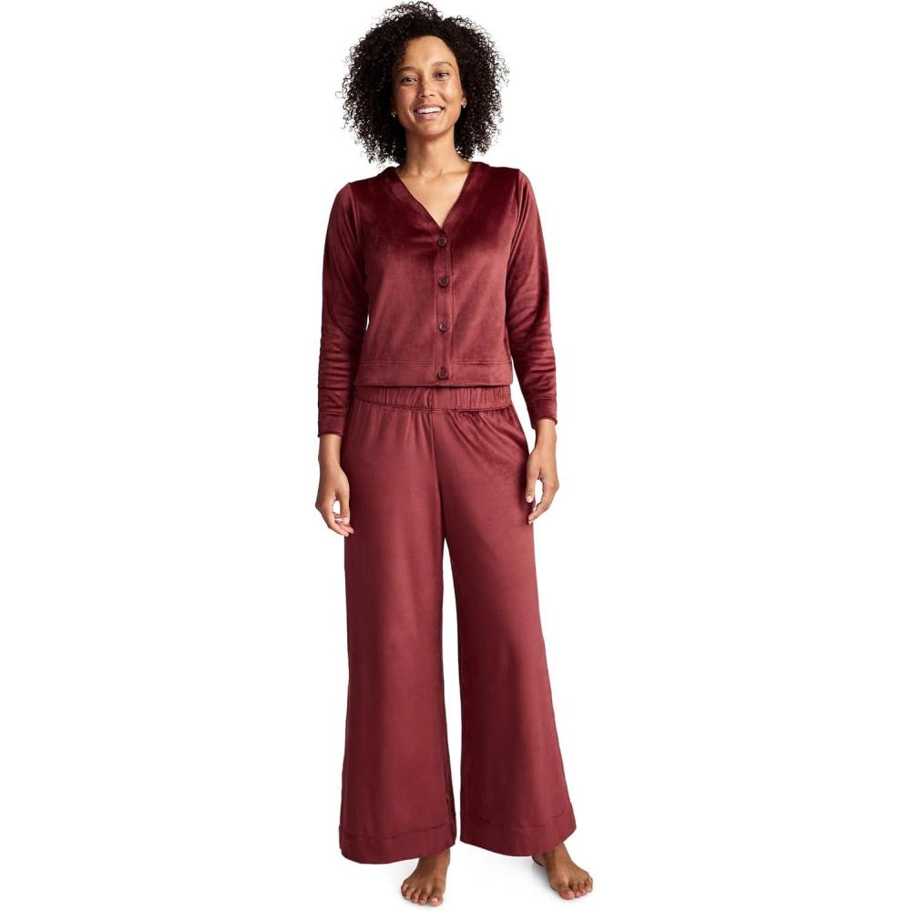 imageJockey Womens Sleepwear Velour Button Top and Wide Leg Pant Sleep SetDeep Cranberry