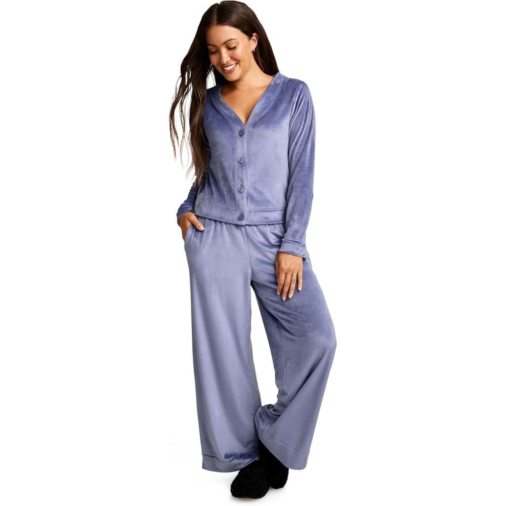 imageJockey Womens Sleepwear Velour Button Top and Wide Leg Pant Sleep SetHydrangea